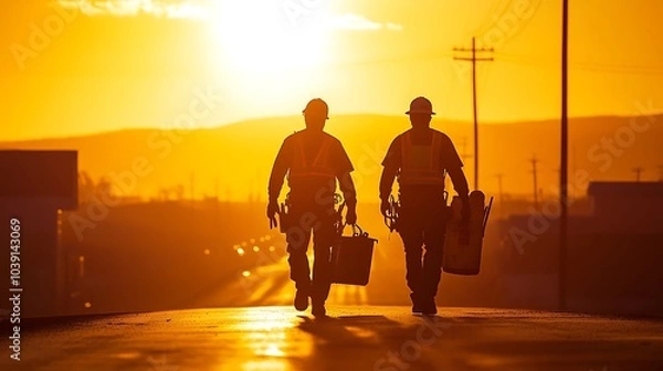 Fototapeta Silhouette of two construction workers walking down a street at sunrise, carrying tools and equipment, with the warm light reflecting on the road, symbolizing early morning work.