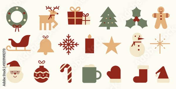 Fototapeta Christmas flat icon set. 20 vector illustrations. Festive seasonal graphic elements