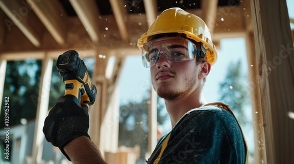 Fototapeta An apprentice in a hard hat and safety goggles, holding a drill, with wooden beams and sawdust around