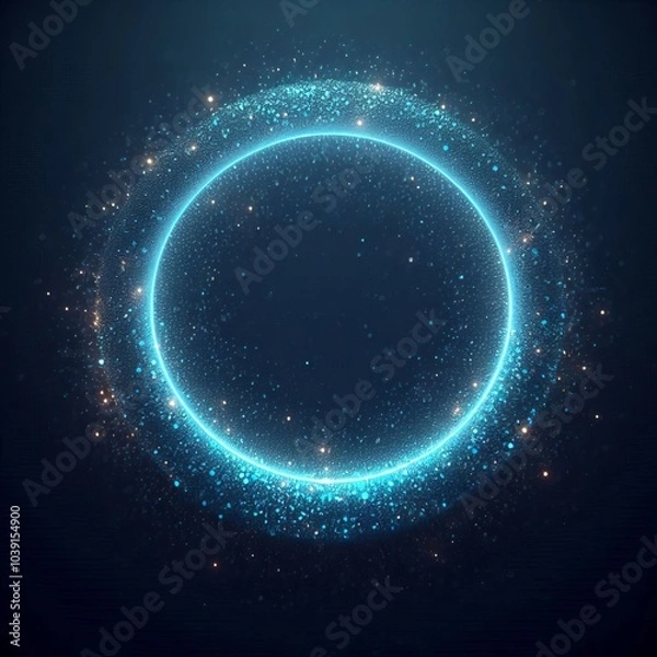 Fototapeta blue circle orbit with blue stars in the background, space for text, depicting a glowing planet and dark sky