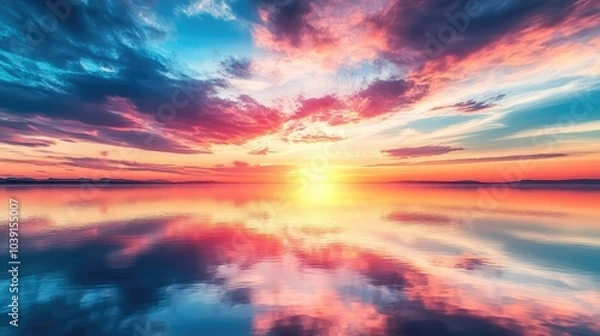 Fototapeta Peaceful sunset with colorful skies reflected on a calm lake surface, creating a tranquil mood.