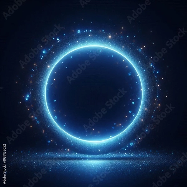 Fototapeta Blue sphere or circle in blue light, floating amidst a vast, star-studded cosmos on black dark background
