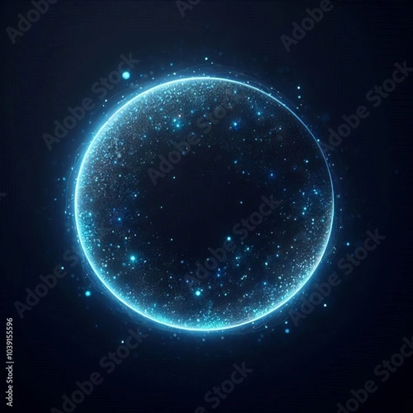 Fototapeta Blue sphere or circle bathed in blue light, floating amidst a vast, star-studded cosmos on black background