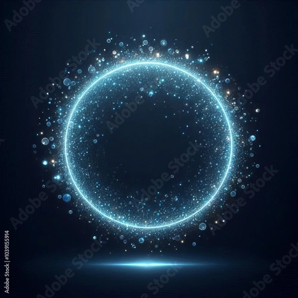 Fototapeta Blue sphere or circle bathed in blue light, floating amidst a vast, star-studded cosmos on black dark background