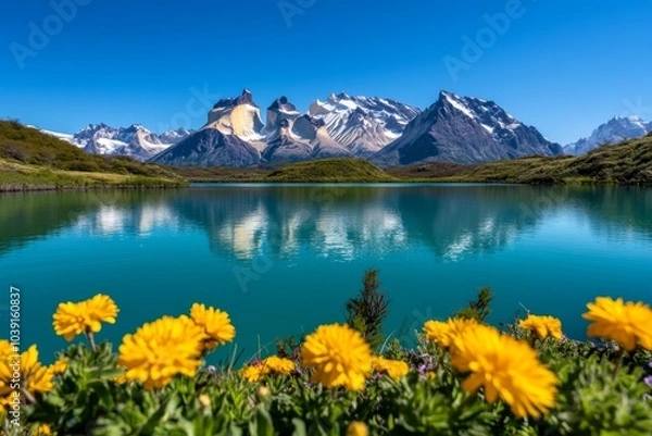 Fototapeta Turquoise waters of Lake PehoÃ©, with the jagged Cuernos del Paine (Horns of Paine) in the background, framed by wildflowers and a clear sky