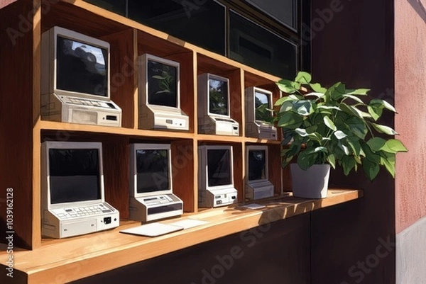 Fototapeta Watercolor illustration of a virtual classroom, with soft, pastel tones and students visible in small windows on the screen, creating a peaceful learning atmosphere