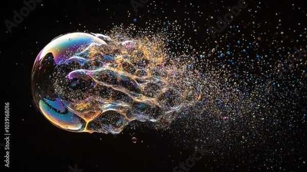 Fototapeta A colorful iridescent soap bubble with a trail of tiny bubbles exploding against a black background.