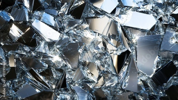 Fototapeta A close-up of shattered glass, with sharp edges and a reflective surface, creating a dramatic and abstract pattern.