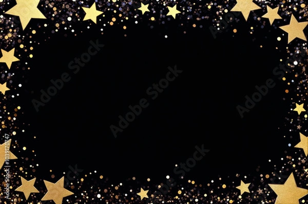 Fototapeta festive border with gold stars and ribbons on a black background