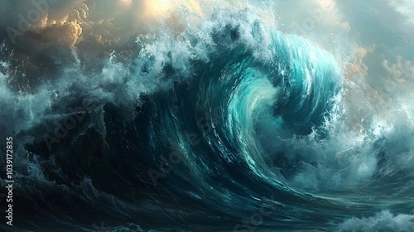 Fototapeta A large, powerful wave crashes in the ocean, with a stormy sky above.