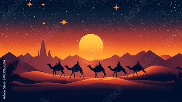 Obraz A caravan of camels travels through the desert under a starry sky and a setting sun.
