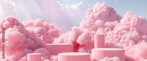 Fototapeta Background podium pink 3d product sky platform display cloud pastel scene render stand. Pink podium stage minimal abstract background