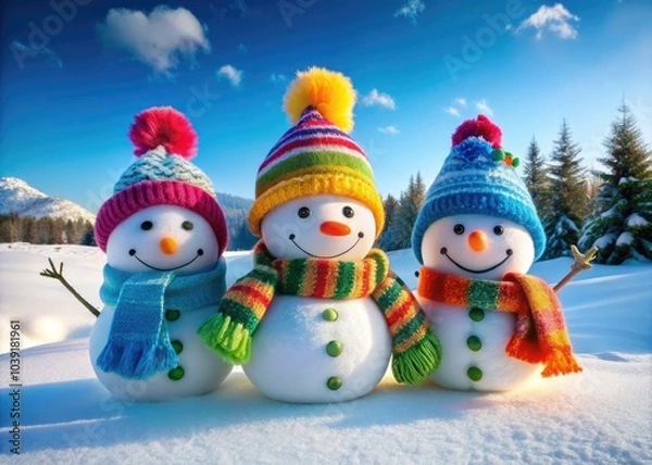 Obraz Three joyful snowmen adorned with scarves and hats stand in a winter wonderland, beautifully illustrated in flat style, ideal for Christmas wallpaper and seasonal text space.