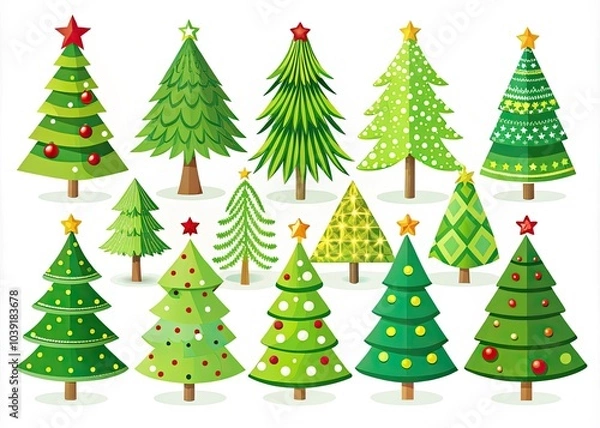 Fototapeta Vibrant flat-style pine tree icons perfect for eco-friendly designs, banners, logos, and cards. Charming vector illustrations of decorative green trees for festive projects.