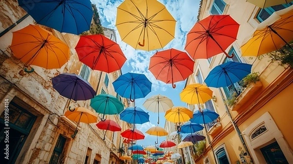Fototapeta A vibrant street decorated with colorful umbrellas hanging overhead, creating a whimsical and cheerful atmosphere.