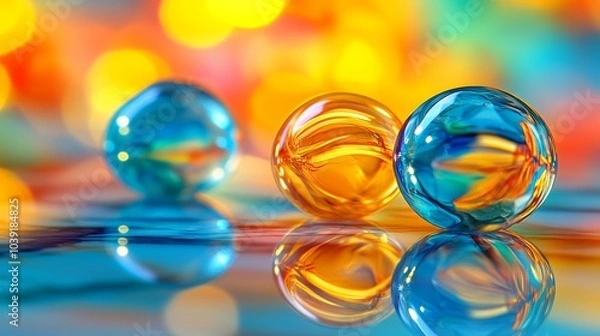 Fototapeta Colorful Glass Marbles Reflecting on a Shiny Surface with Bokeh Background