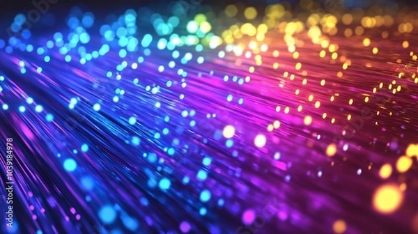 Fototapeta Abstract background of fiber optic cables glowing in blue, pink, and yellow colors.