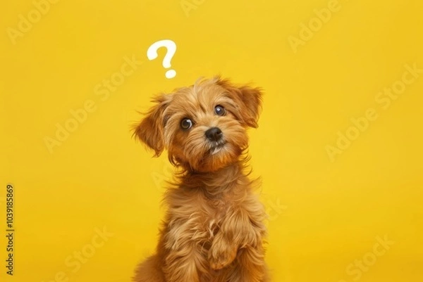 Fototapeta Cute confused little dog with question marks isolated on yellow background. MZ