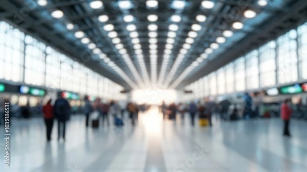 Obraz Blurred view of a busy airport terminal filled with travelers and bright lighting.
