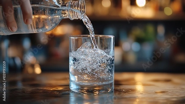 Fototapeta A hand pours sparkling water into a glass, creating bubbles.