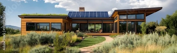 Fototapeta A modern eco-friendly home with solar panels, surrounded by lush greenery and a scenic landscape under a blue sky.