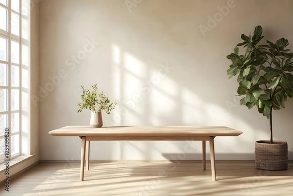 Fototapeta A minimalist room with a wooden table, vase, and plant, showcasing natural light and tranquility.