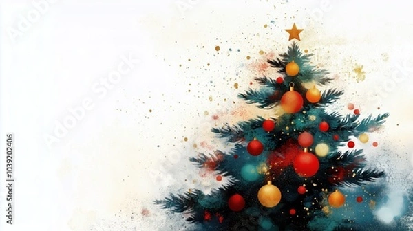 Fototapeta Decorated Christmas tree illustration with ornaments and a star on a white background with copy space.