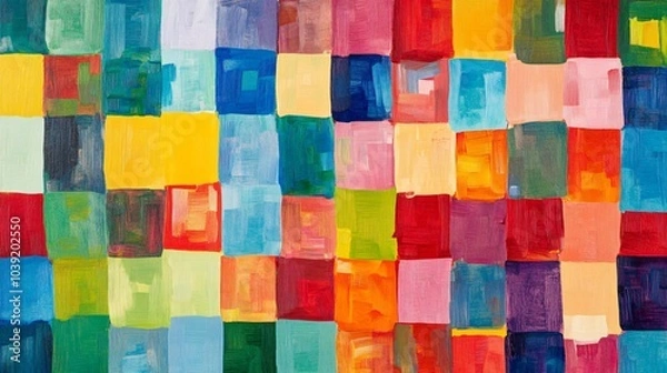 Fototapeta Abstract colorful background painted with oil on canvas, with textured brushstrokes and square shapes.