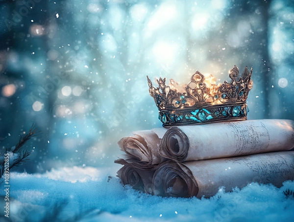 Fototapeta Magic crown atop a stack of books or scrolls with decorative design.