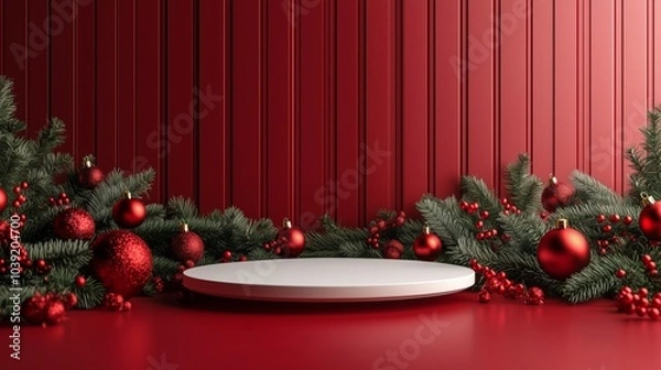 Fototapeta 3d render, podium with christmas decoration and red background, green color theme