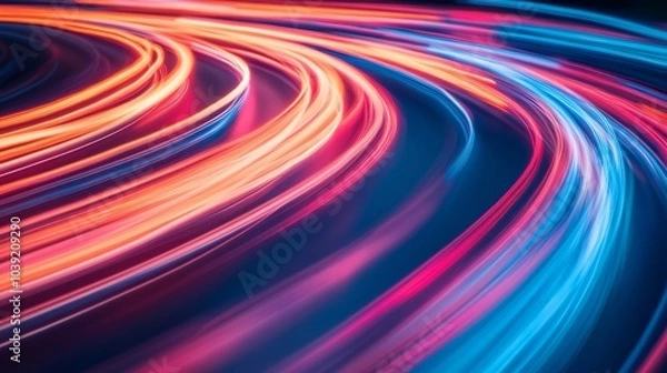 Fototapeta Abstract blue, pink, and orange light trails forming a curved pattern on a dark background.