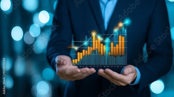 Fototapeta Businessman displaying growth chart with blue background.