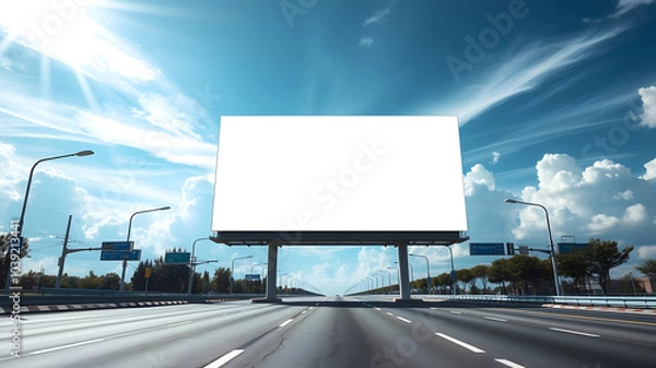 Fototapeta A large billboard is on a highway with a clear blue sky