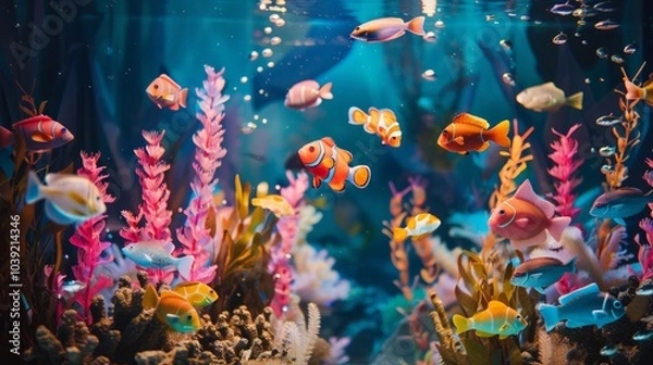 Fototapeta Contemporary underwater theme with vibrant fish and lively coral accents, creating a dynamic setting with plenty of room for creative content