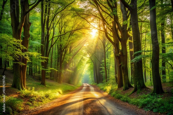Obraz serene forest path illuminated by golden sunlight filtering through lush green canopy above, creating tranquil and inviting atmosphere