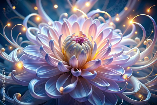 Fototapeta stunning flower with intricate petals radiates soft light, creating magical atmosphere. tendrils of light curl gracefully around edges, enhancing its beauty and charm