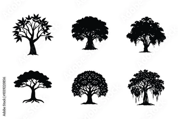 Fototapeta banyan tree silhouette in black color, banyan tree hand drawn vector, Banyan Tree Silhouette Vector art
