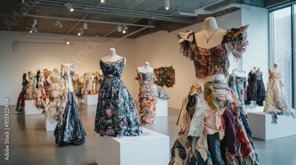 Fototapeta A creative display of recycled material art, showcasing wearable fashion pieces made from discarded textiles, repurposed into unique and stylish outfits in a modern gallery.