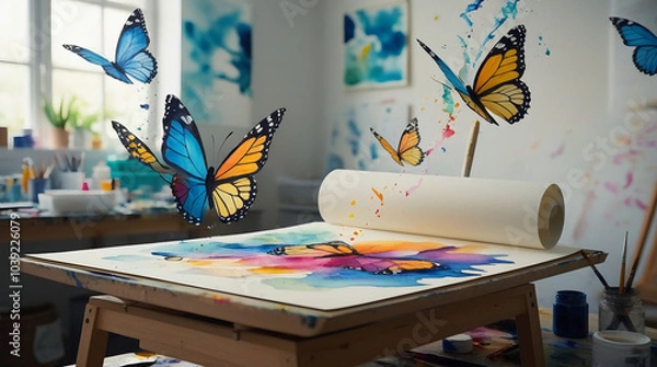 Fototapeta Watercolor Butterfly Flight: The Painted Wings of Watercolor Butterflies