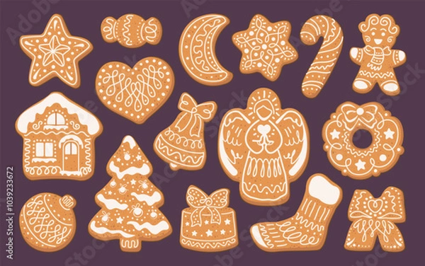 Fototapeta Collection of Christmas Gingerbread cookies stickers. Cute winter homemade sweets. Big set of New year holiday shapes isolated on green background. Vector illustration