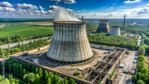 Obraz Aerial view of a large cooling tower surrounded by greenery and industrial structures, showcasing its circular design.
