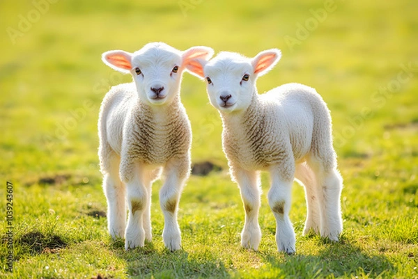 Fototapeta Cute Images - Two adorable lambs standing together in a grassy field under soft sunlight.