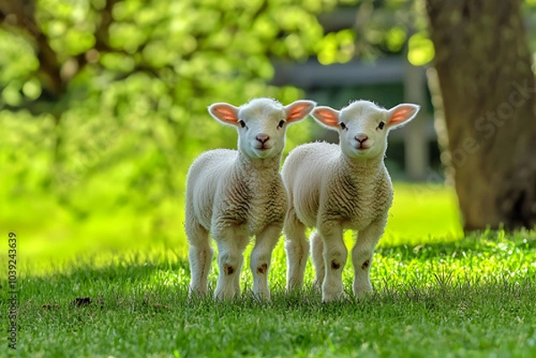 Fototapeta Cute Images - Two adorable lambs standing on green grass under a sunny backdrop.