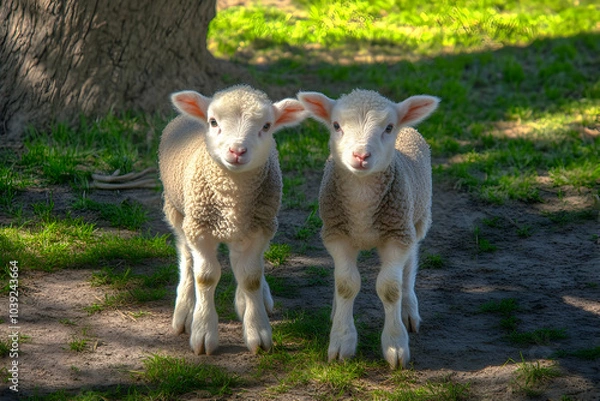 Fototapeta Cute Images - Two adorable lambs stand together in a grassy area under a tree.