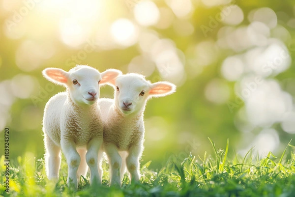Fototapeta Cute Images - Two adorable lambs stand together in a sunlit grassy field, evoking warmth and innocence.