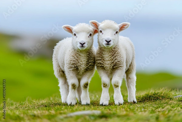 Fototapeta Cute Images - Two adorable lambs standing together on a grassy field with a soft background.