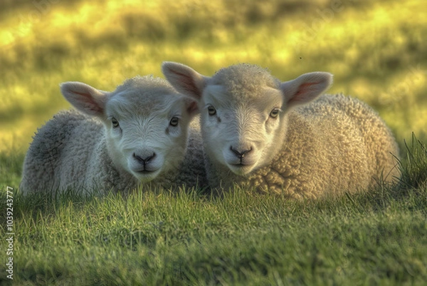 Fototapeta Cute Images - Two young lambs resting in a grassy field, showcasing their soft wool and gentle expressions.