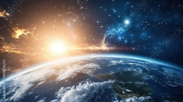 Fototapeta Earth, with clouds flowing over the surface and sunlight illuminating the globe, set against a serene, starry space background, evoking a sense of cosmic wonder
