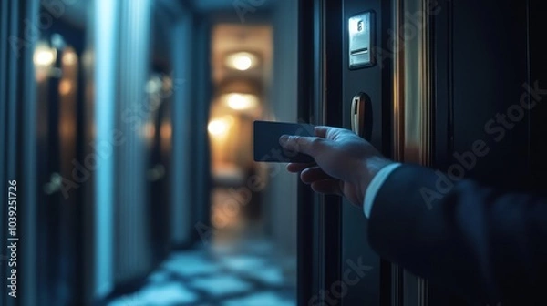 Fototapeta Man Using Key Card to Access Hotel Room