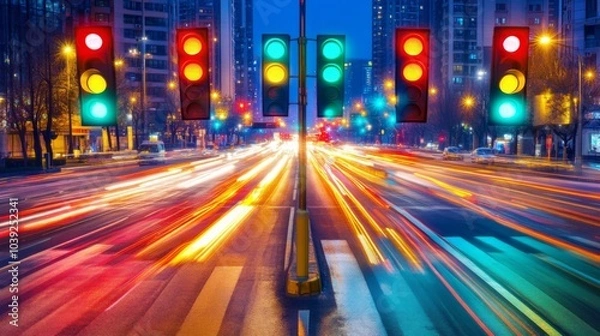 Fototapeta Colorful Traffic Lights and Busy City Intersection